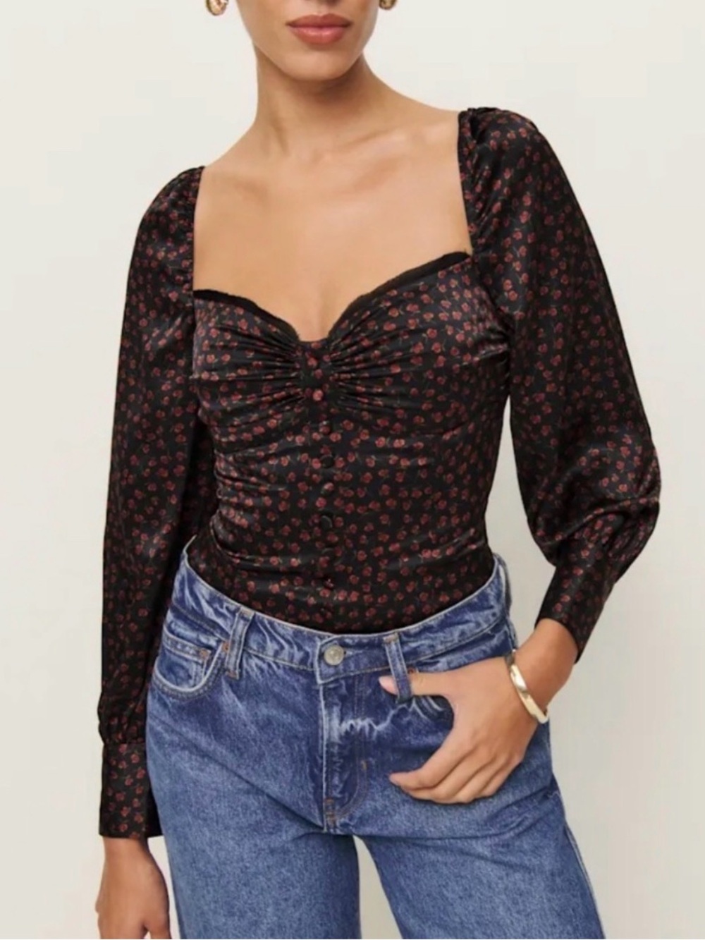 Reformation Chiara Silk Black Long-Sleeve Ruched Floral Bust Top - Size 8